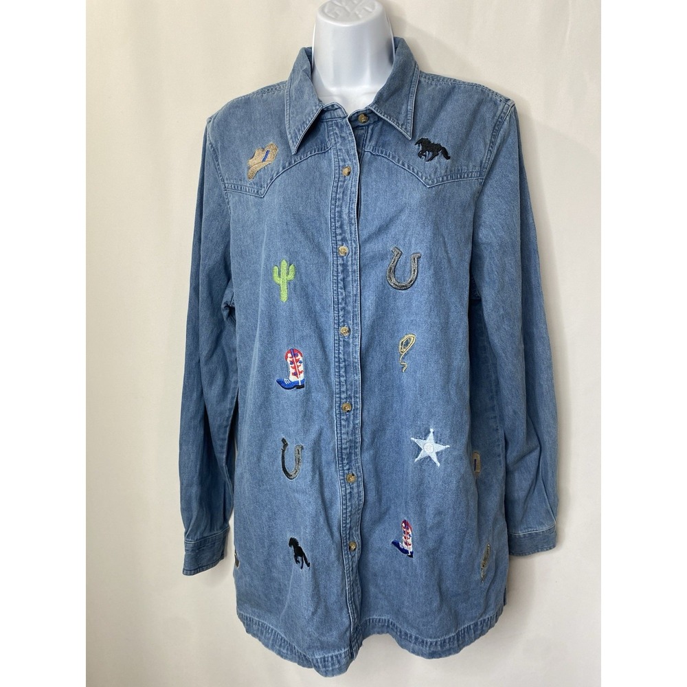 Vintage Blair Embroidered Western Denim Cowgirl Shirt Size Large Country Girl